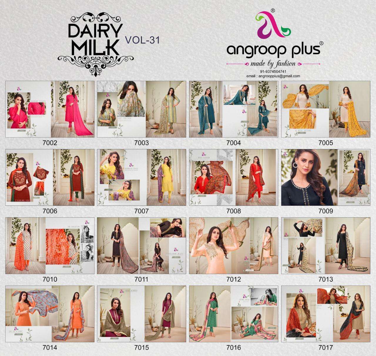 DAIRY MILK VOL-31 BY ANGROOP PLUS 7002 TO 7017 SERIES BEAUTIFUL STYLISH FANCY COLORFUL CASUAL WEAR & ETHNIC WEAR CHANDERI COTTON DRESSES AT WHOLESALE PRICE